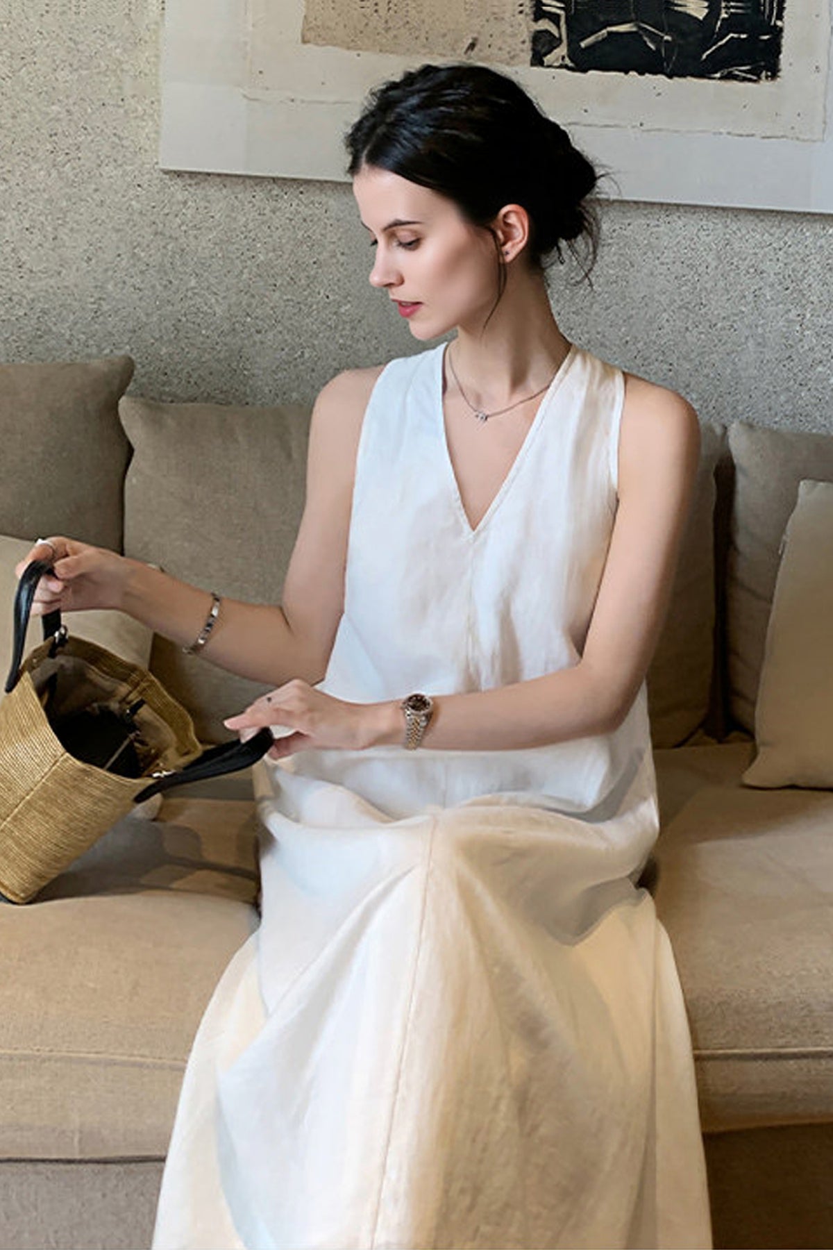 linen dress v neck 100% Linen V-Neck A-Line Relaxed Summer Dress Off White / M