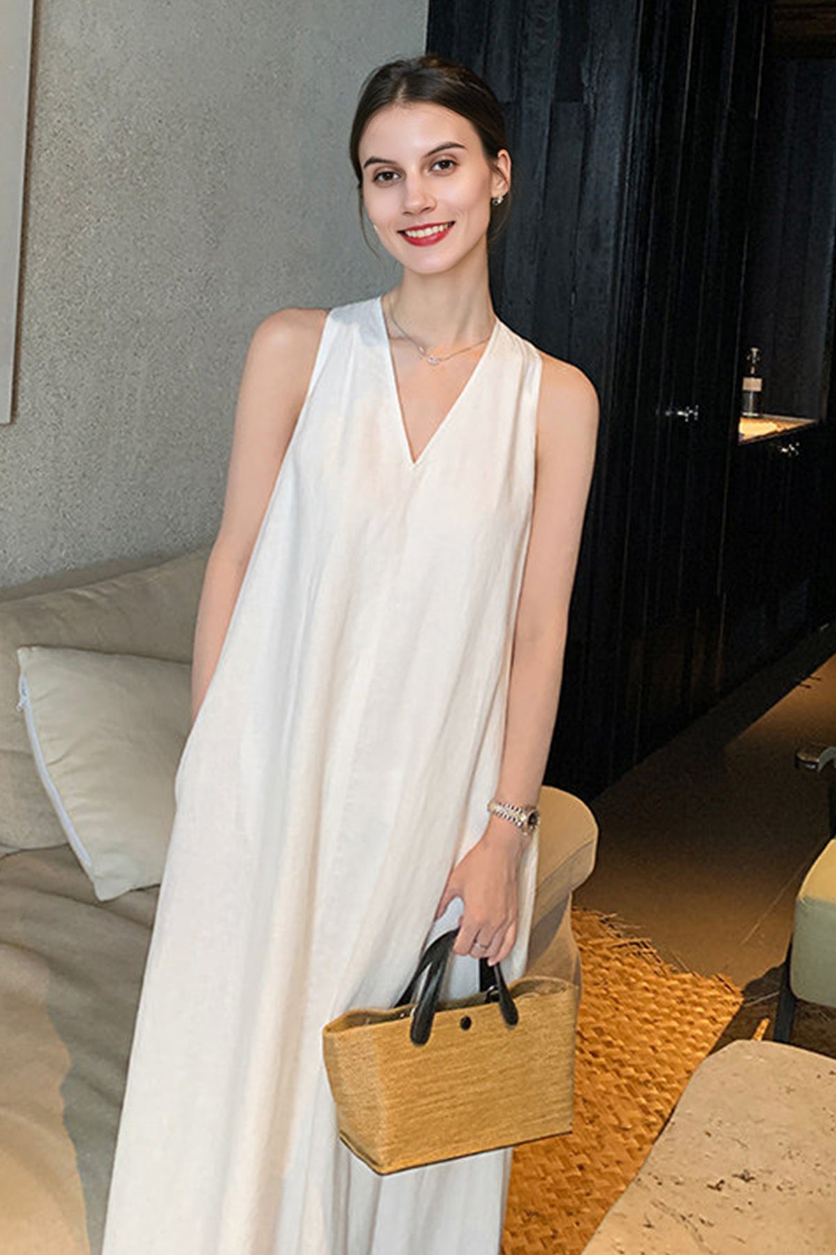 linen dress v neck POETRY