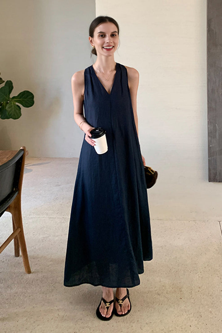 100% Linen V-Neck A-Line Relaxed Summer Dress Royal Blue / M