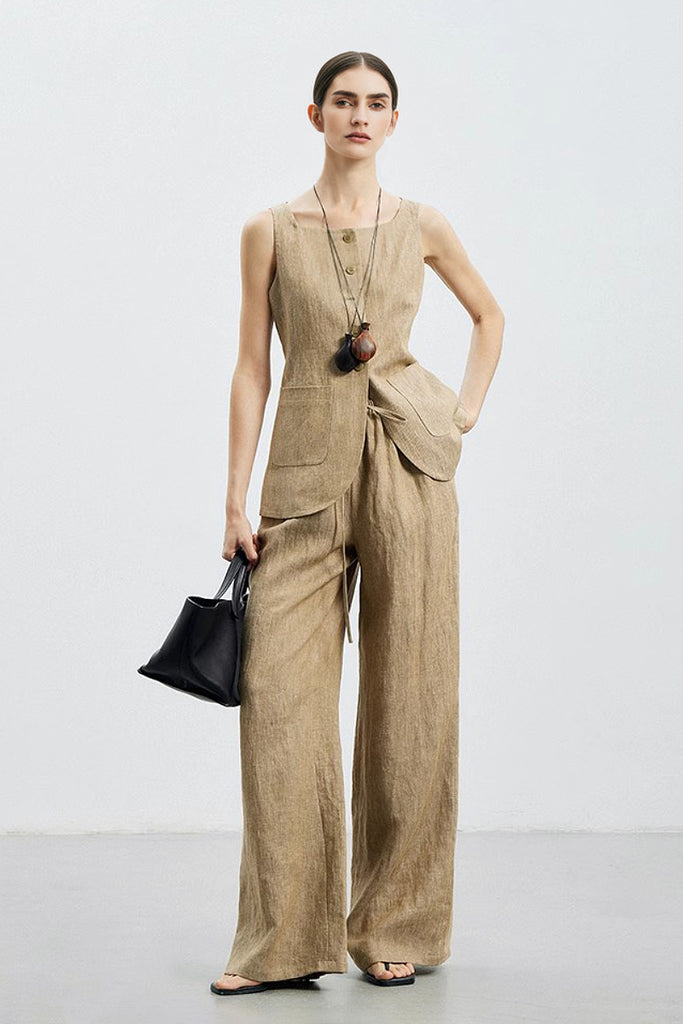 100% Linen Three Piece Vest Set with Shorts and Pants  Fibflx