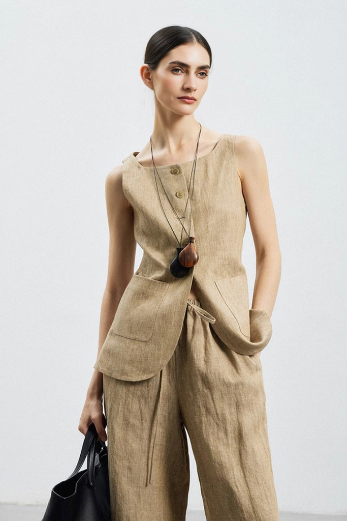 100% Linen Three Piece Vest Set with Shorts and Pants  Fibflx