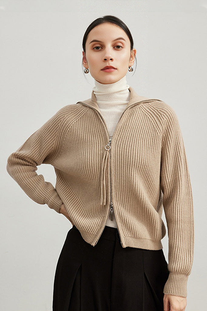 100% Merino Wool Double-Zip Coatigan with Wide Collar Spirited Khaki / M Fibflx