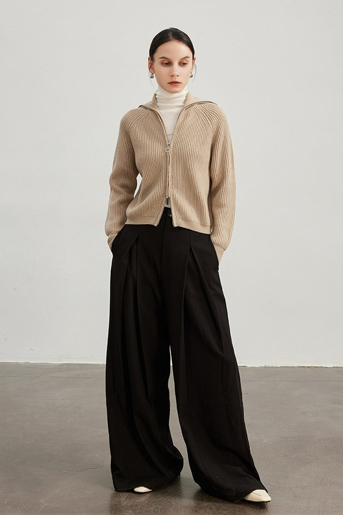 100% Merino Wool Double-Zip Coatigan with Wide Collar  Fibflx