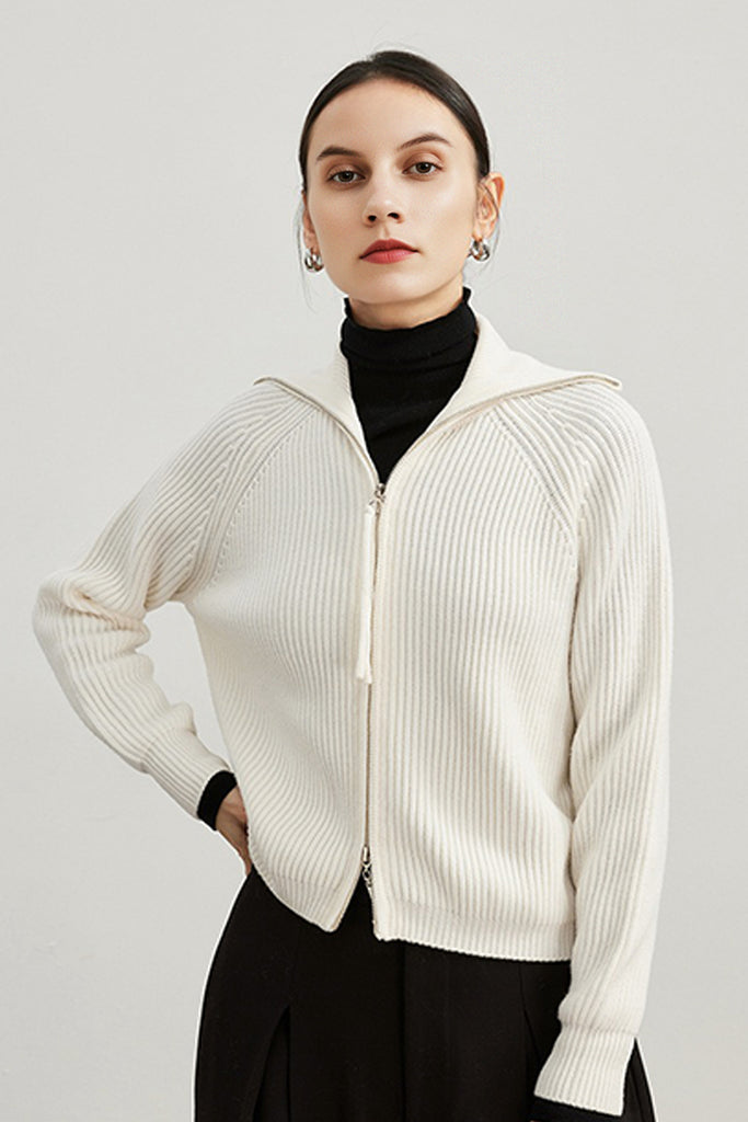 100% Merino Wool Double-Zip Coatigan with Wide Collar White / M Fibflx