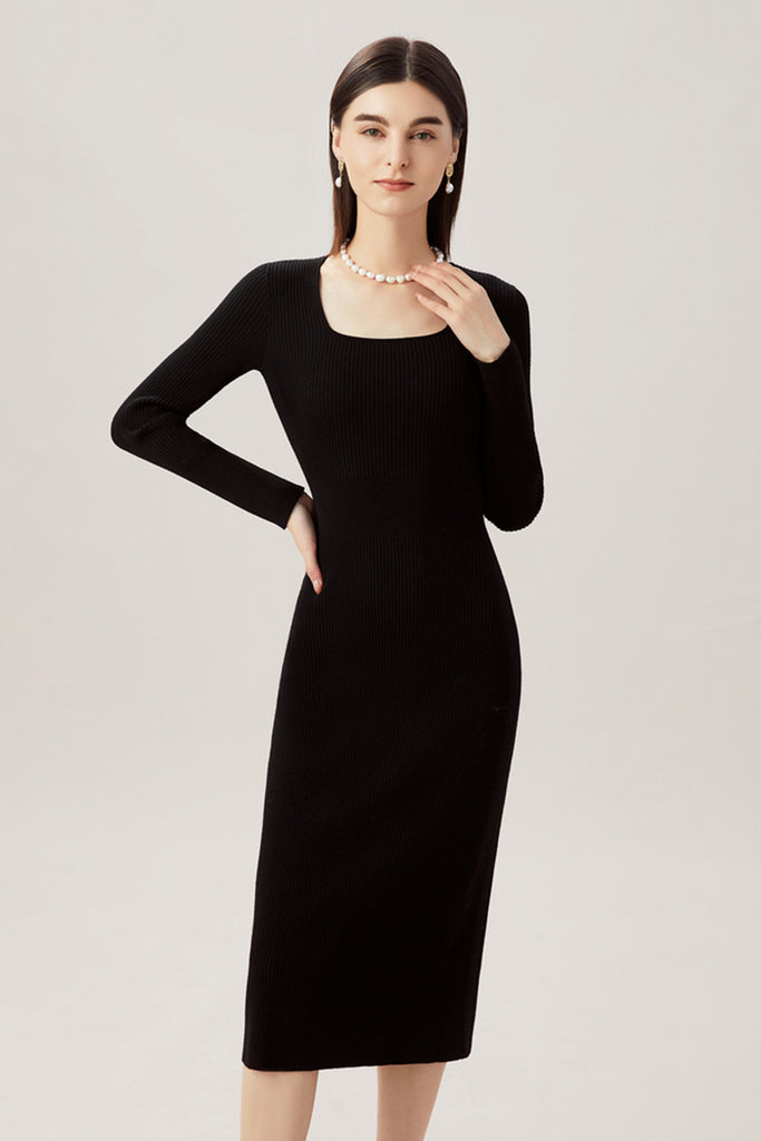 100% Merino Wool Long Sleeve Square-Neck Midi Sweater Dress Black / XL Fibflx