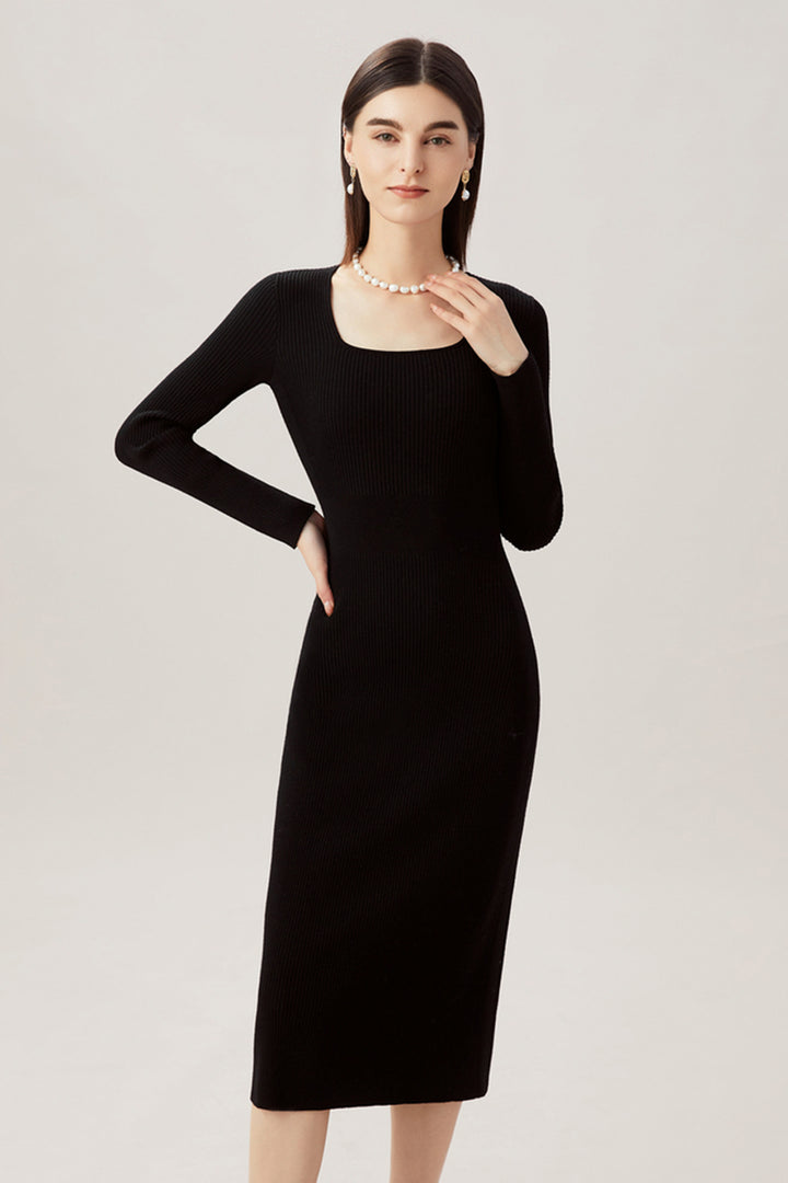 100% Merino Wool Long Sleeve Square-Neck Midi Sweater Dress Black / S