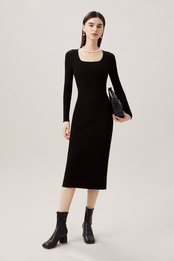 100% Merino Wool Long Sleeve Square-Neck Midi Sweater Dress  Fibflx