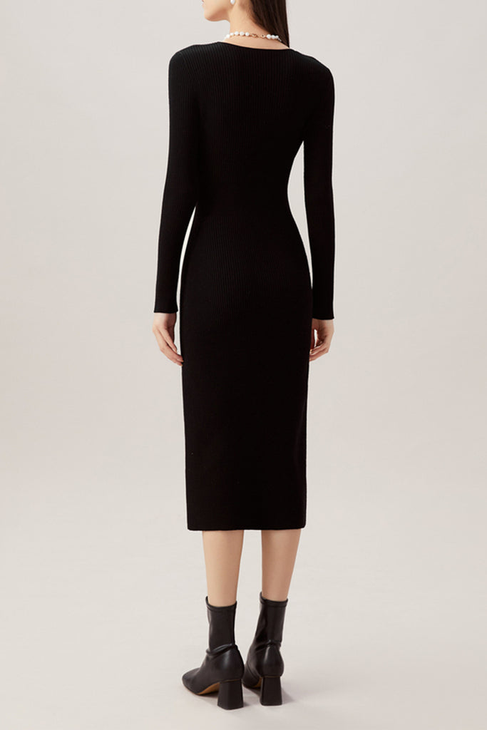 100% Merino Wool Long Sleeve Square-Neck Midi Sweater Dress  Fibflx