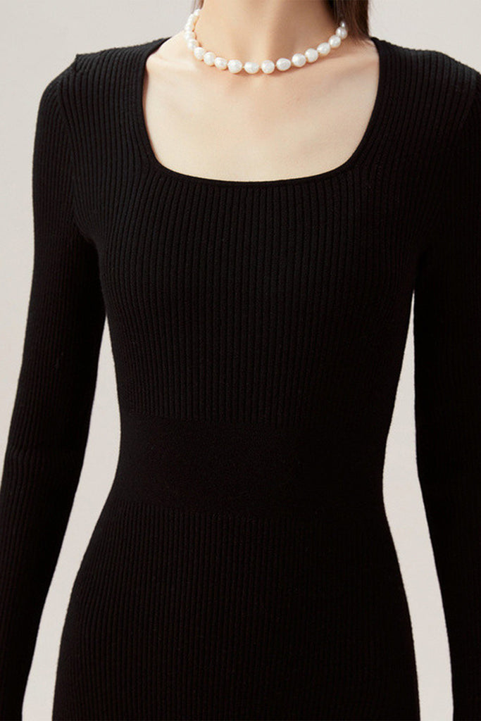 100% Merino Wool Long Sleeve Square-Neck Midi Sweater Dress  Fibflx