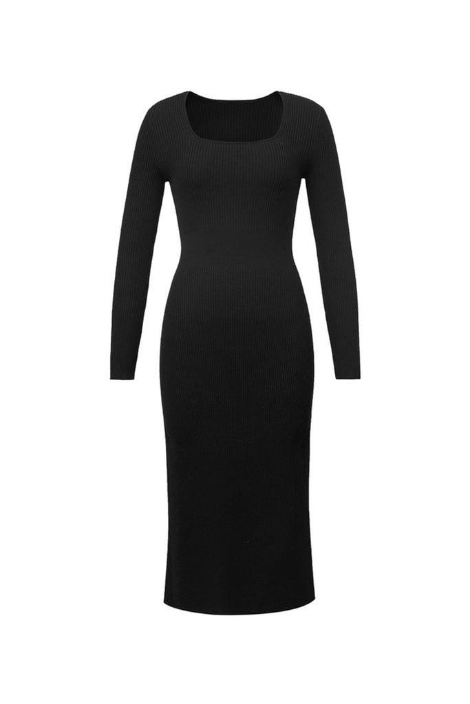 100% Merino Wool Long Sleeve Square-Neck Midi Sweater Dress  Fibflx