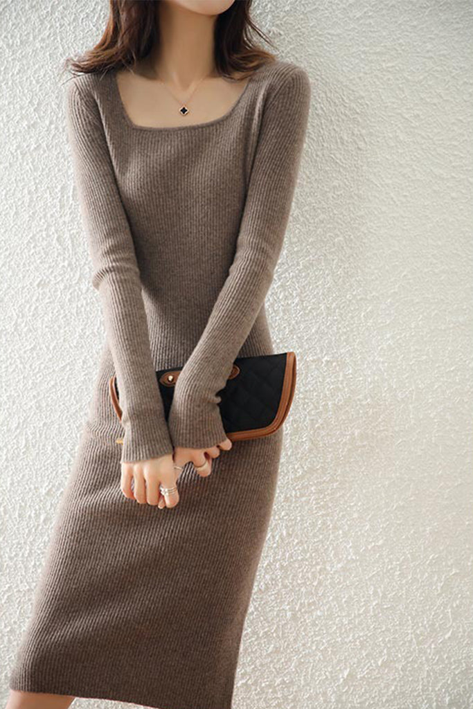 100% Merino Wool Long Sleeve Square-Neck Midi Sweater Dress Espresso Brown / XL Fibflx