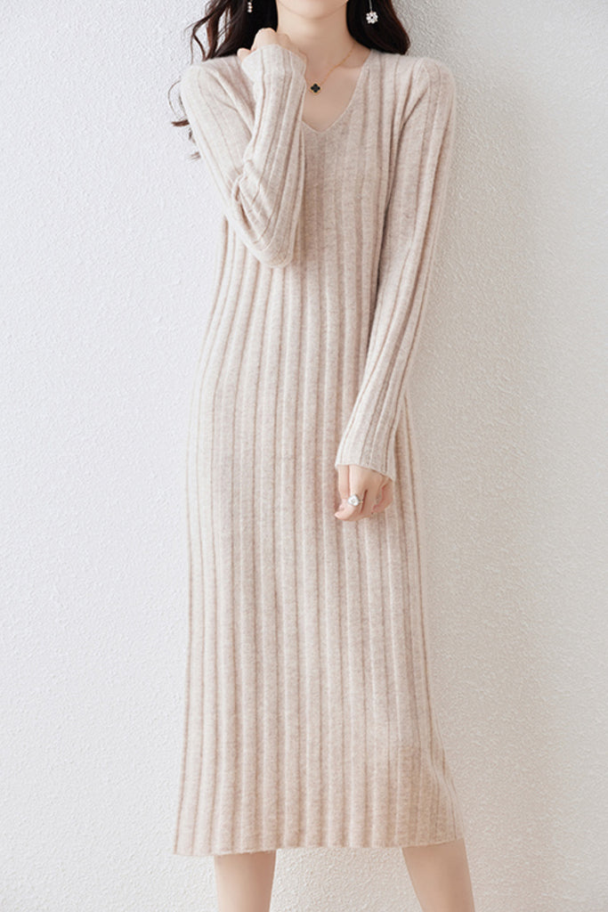 100% Merino Wool Long Sleeve Wide-Rib Midi Sweater Dress  Fibflx