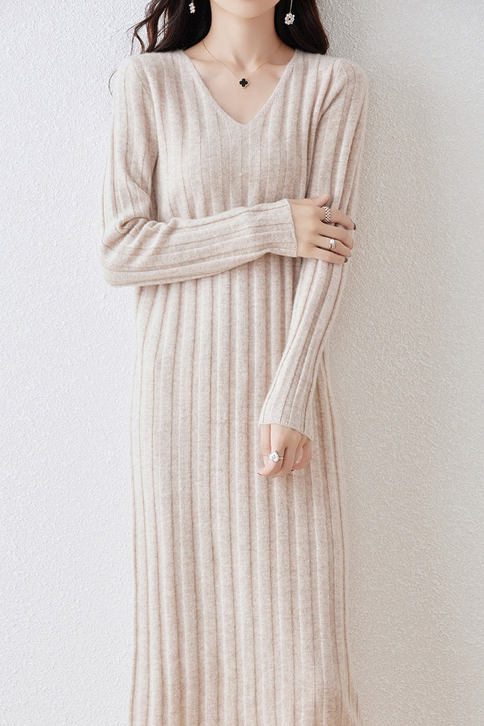 100% Merino Wool Long Sleeve Wide-Rib Midi Sweater Dress  Fibflx