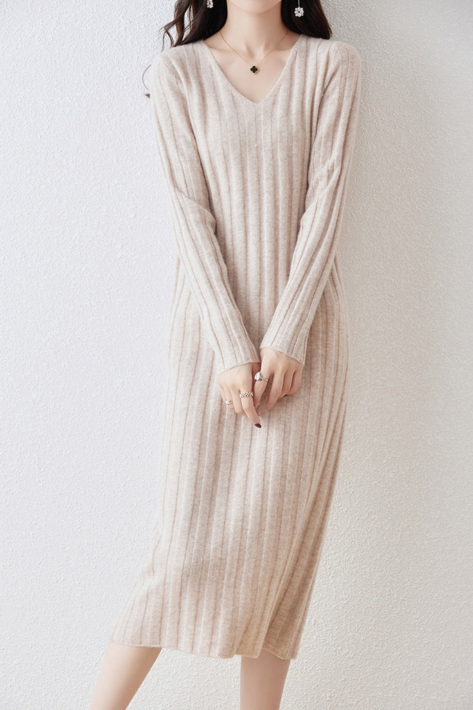 100% Merino Wool Long Sleeve Wide-Rib Midi Sweater Dress  Fibflx