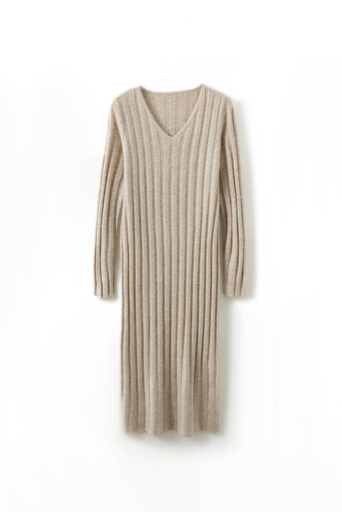 100% Merino Wool Long Sleeve Wide-Rib Midi Sweater Dress  Fibflx