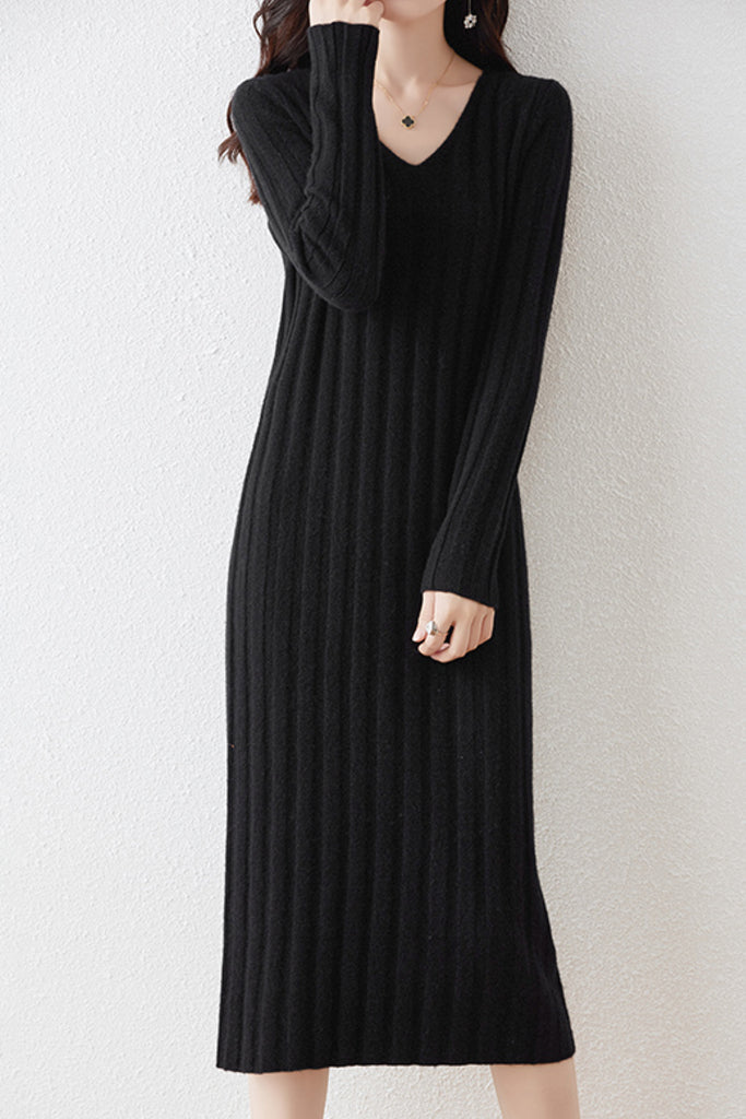 100% Merino Wool Long Sleeve Wide-Rib Midi Sweater Dress  Fibflx