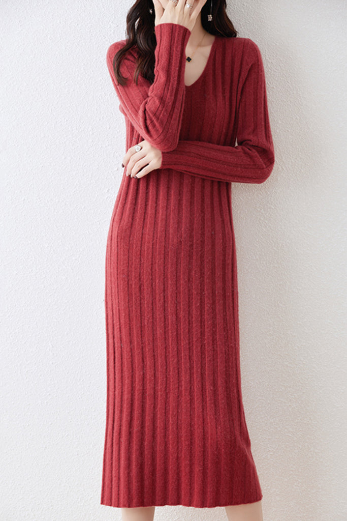 100% Merino Wool Long Sleeve Wide-Rib Midi Sweater Dress  Fibflx