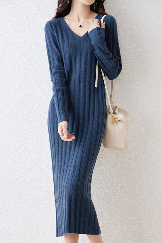 100% Merino Wool Long Sleeve Wide-Rib Midi Sweater Dress  Fibflx