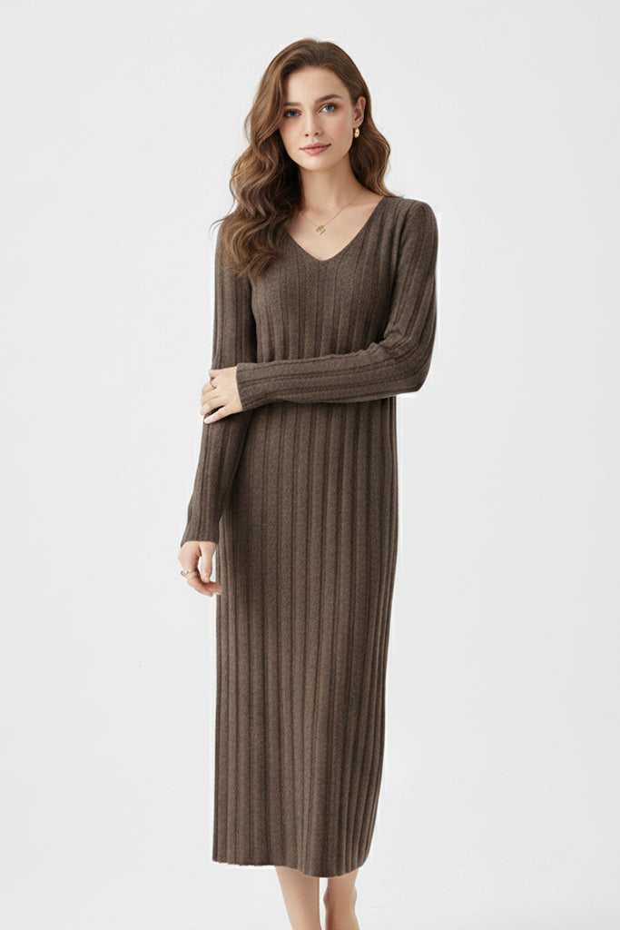 100% Merino Wool Long Sleeve Wide-Rib Midi Sweater Dress  Fibflx