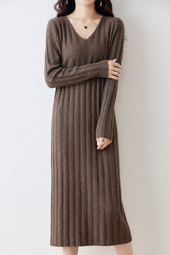 100% Merino Wool Long Sleeve Wide-Rib Midi Sweater Dress  Fibflx