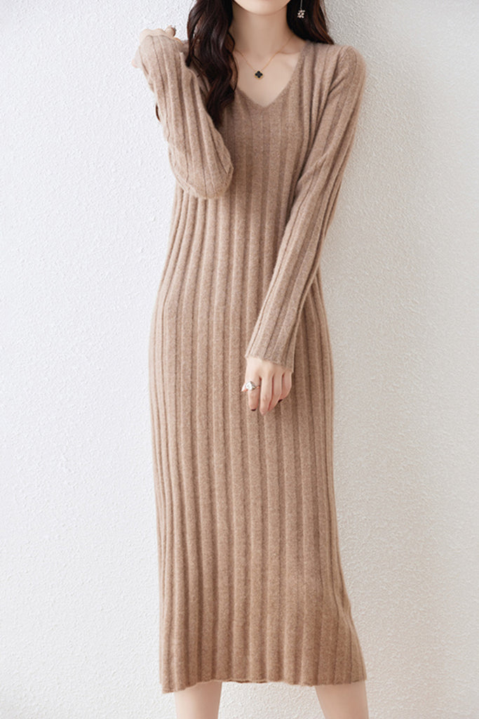 100% Merino Wool Long Sleeve Wide-Rib Midi Sweater Dress  Fibflx