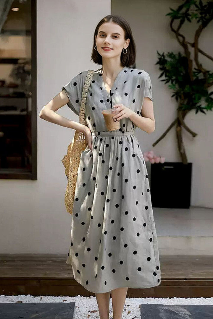 100% Ramie Polka Dot V-Neck Midi Dress Morning Fog Grey N Black Polka Dot / M Fibflx