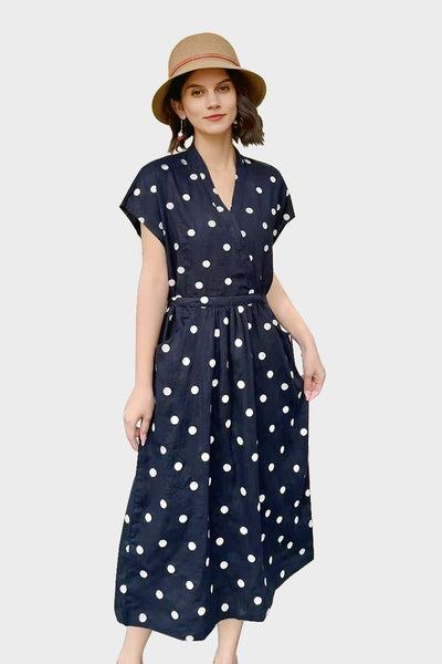 100% Ramie Polka Dot V-Neck Midi Dress Mid Night Blue N White Polka Dot / S