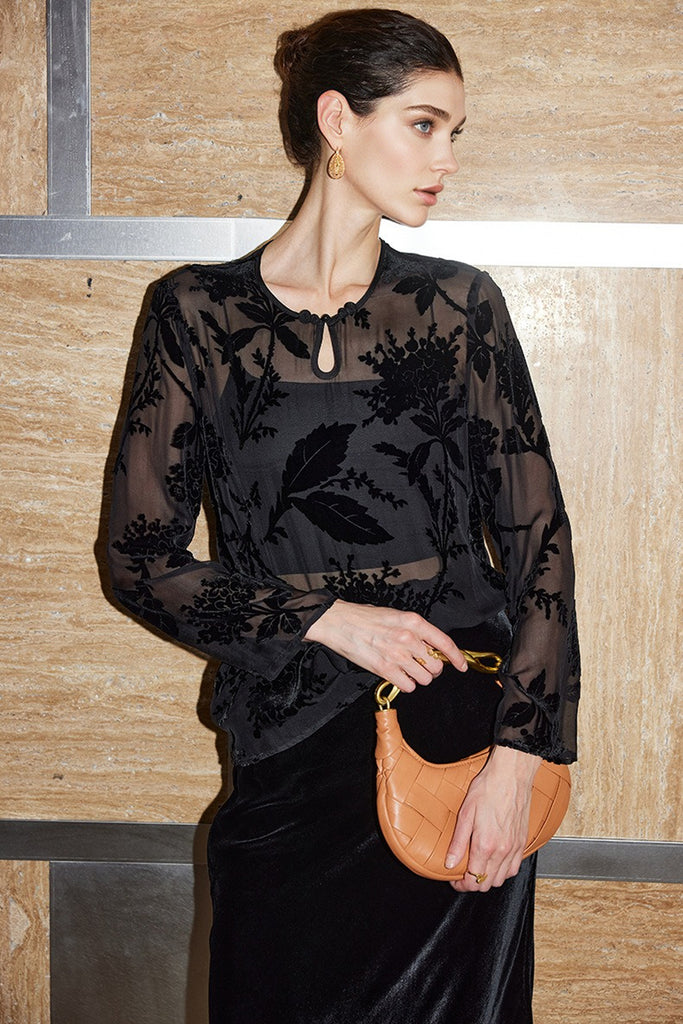 100% Sheer Silk Floral Burnout Velvet Blouse  Fibflx