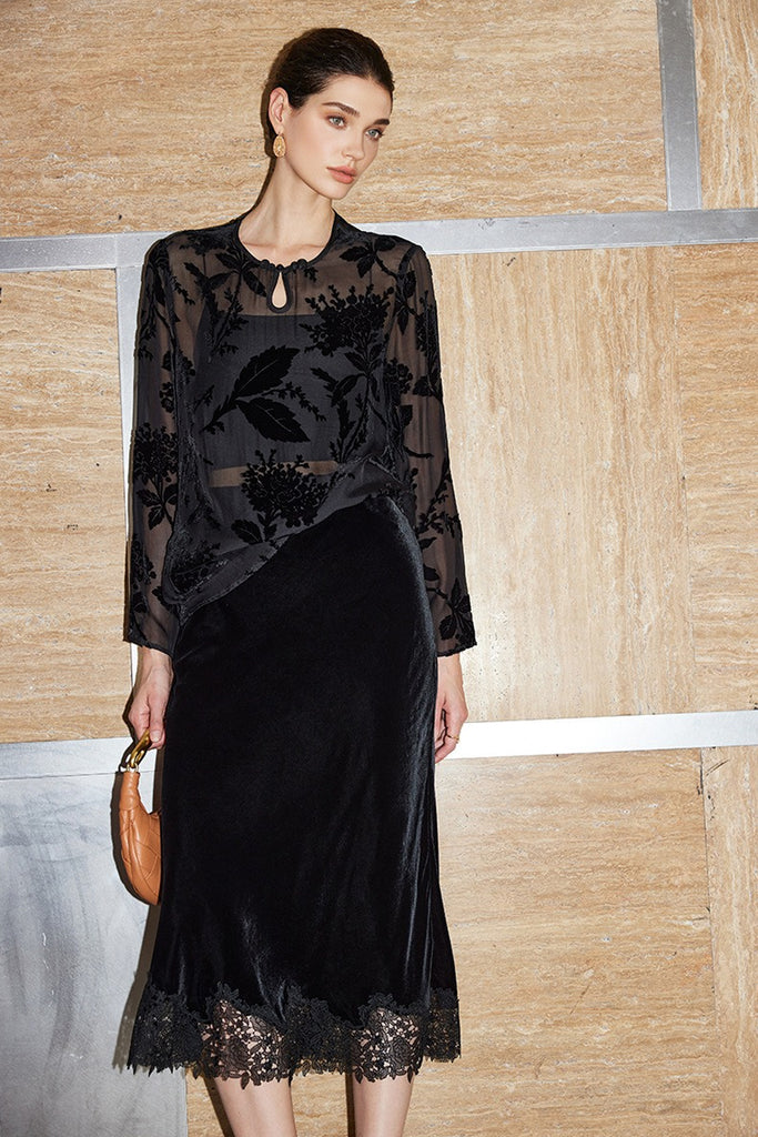 100% Sheer Silk Floral Burnout Velvet Blouse  Fibflx