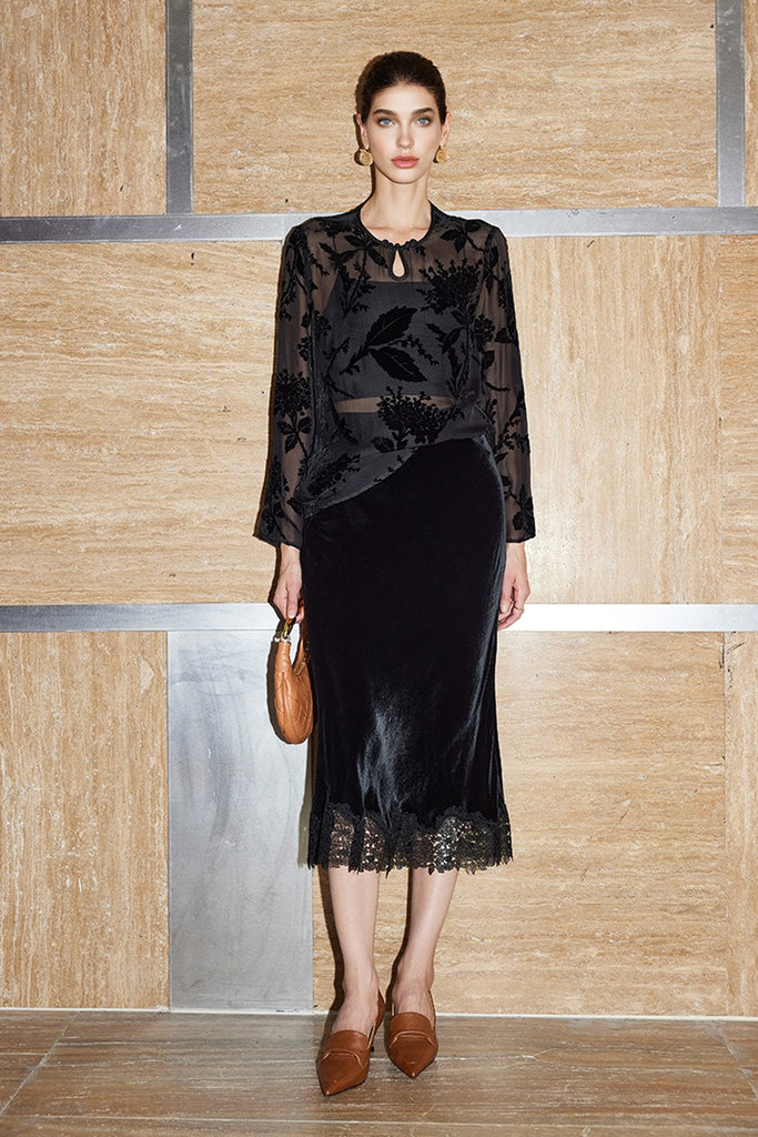 100% Sheer Silk Floral Burnout Velvet Blouse  Fibflx