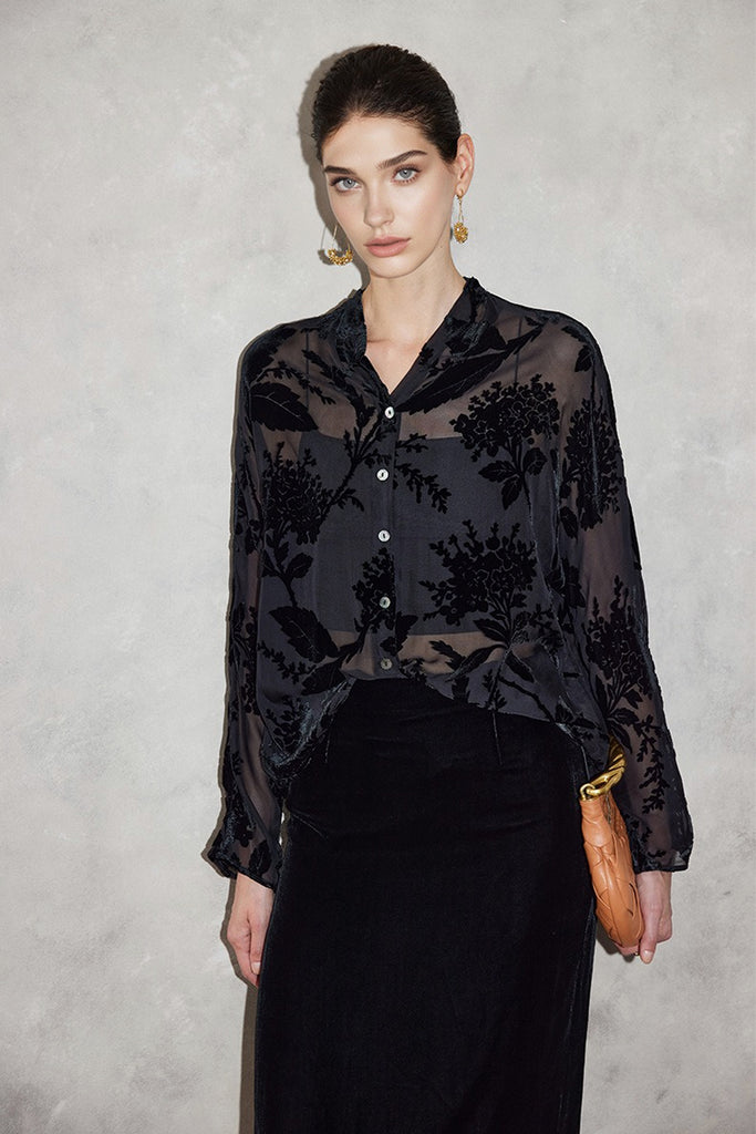 100% Sheer Silk Floral Burnout Velvet Button-Up Blouse  Fibflx