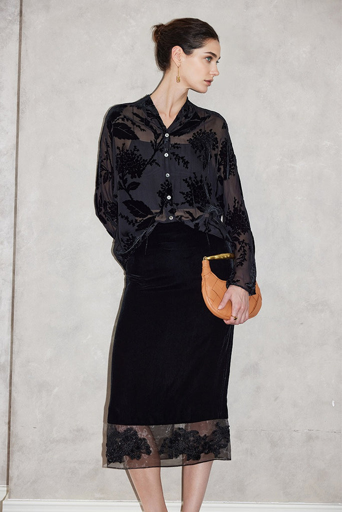 100% Sheer Silk Floral Burnout Velvet Button-Up Blouse  Fibflx