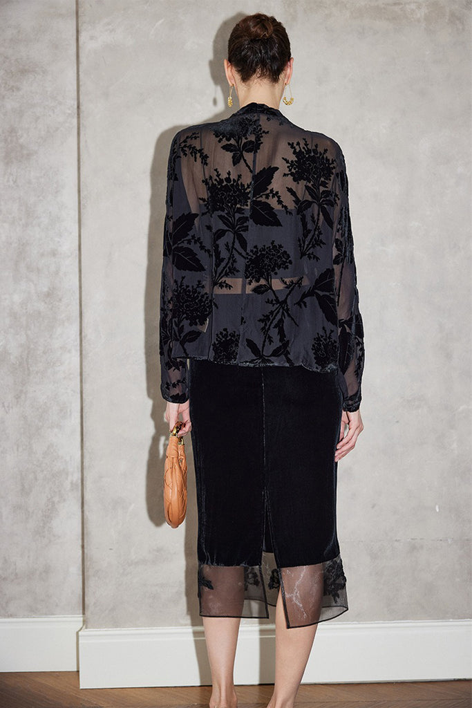 100% Sheer Silk Floral Burnout Velvet Button-Up Blouse  Fibflx