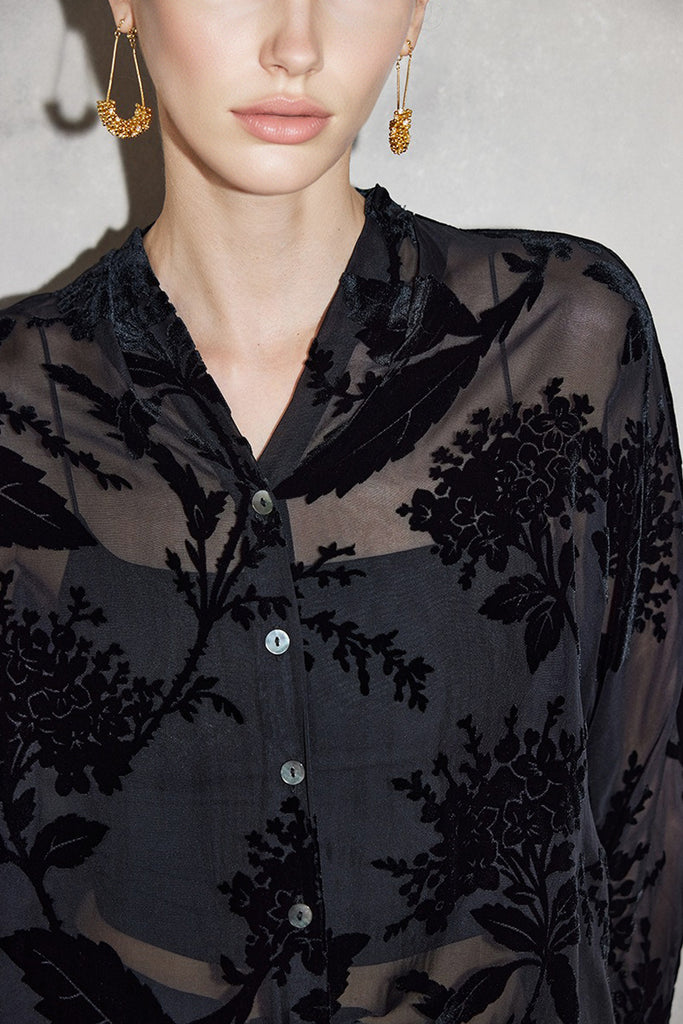 100% Sheer Silk Floral Burnout Velvet Button-Up Blouse  Fibflx