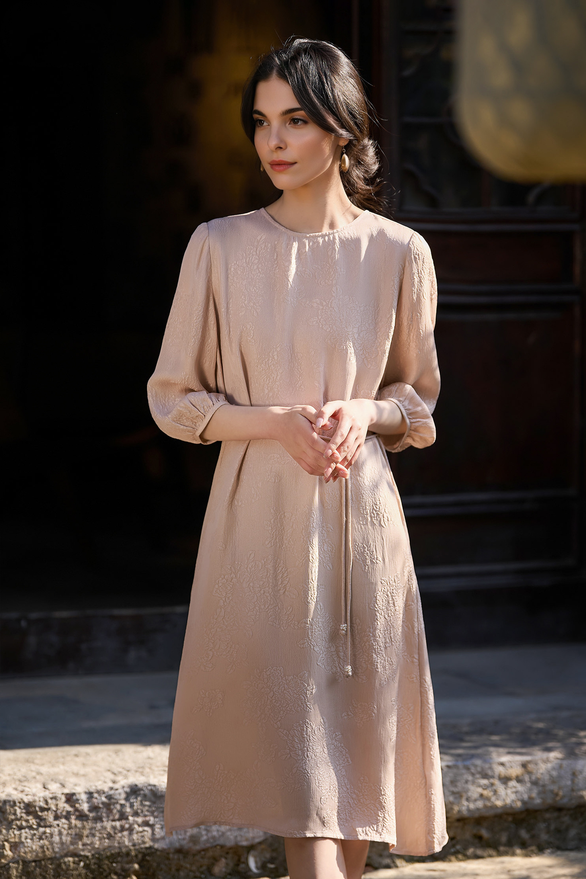 elegant jacquard dress 100% Silk Elegant Waist Cinched Jacquard Midi Dress Powder Pink / L