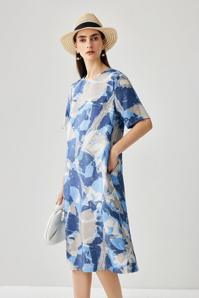 100% Silk Floral Midi Shift Dress with Pockets in Blue  Fibflx