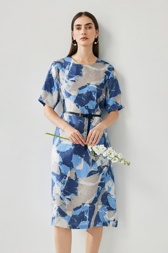 100% Silk Floral Midi Shift Dress with Pockets in Blue  Fibflx