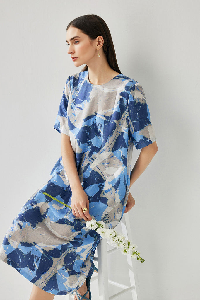 100% Silk Floral Midi Shift Dress with Pockets in Blue  Fibflx