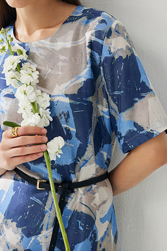100% Silk Floral Midi Shift Dress with Pockets in Blue  Fibflx