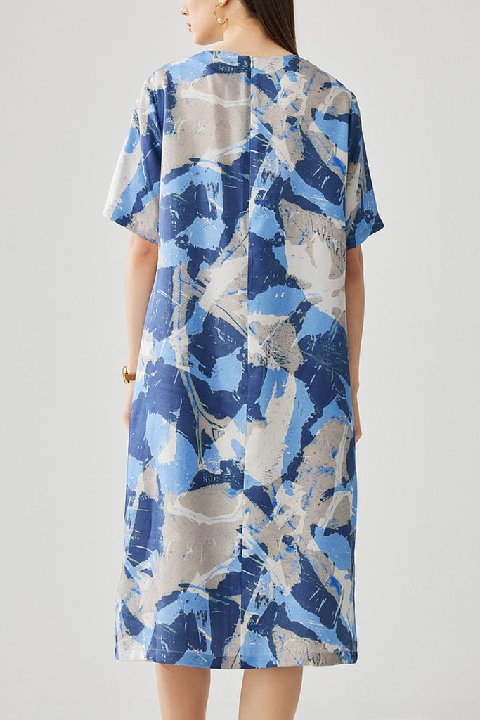 100% Silk Floral Midi Shift Dress with Pockets in Blue  Fibflx