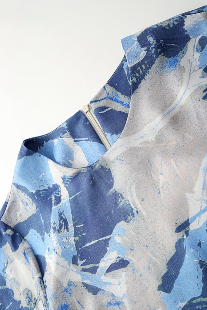 100% Silk Floral Midi Shift Dress with Pockets in Blue  Fibflx