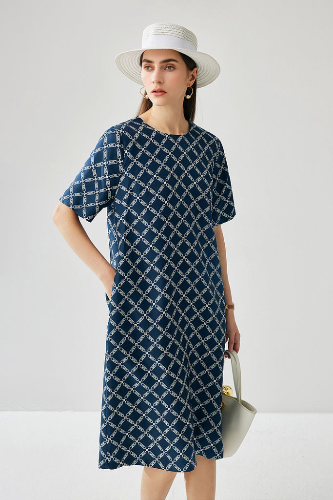 100% Silk Floral Midi Shift Dress with Pockets in Blue  Fibflx