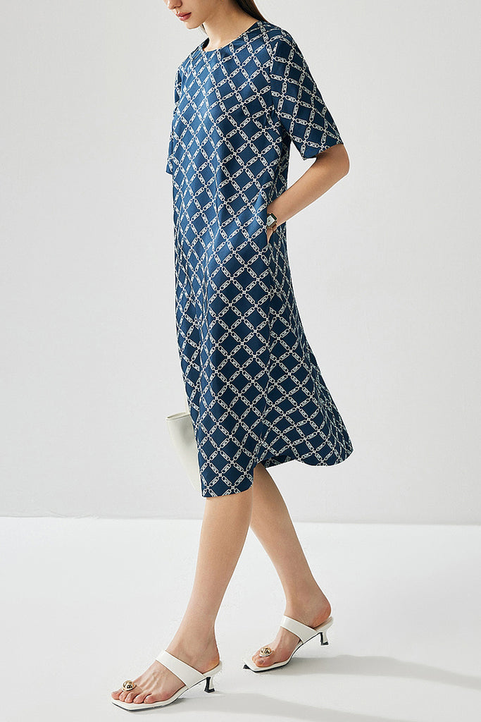 100% Silk Floral Midi Shift Dress with Pockets in Blue  Fibflx