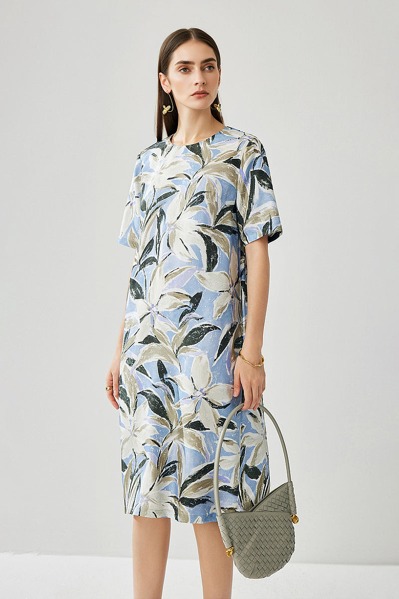 short sleeve shift dress knee length 100% Silk Floral Short-Sleeve with Pockets Mid Night Blue / S NA-02.18.25AM