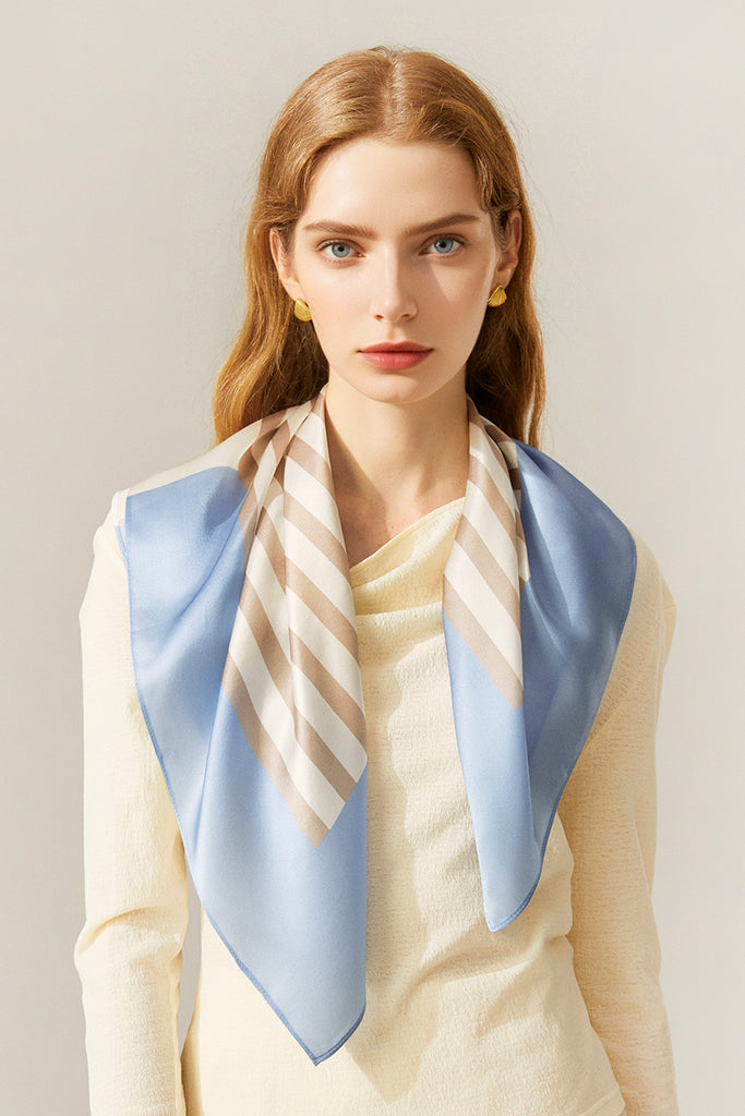 100% Silk Minimalist Printed Square Scarf Sonata Blue / One Size Fibflx