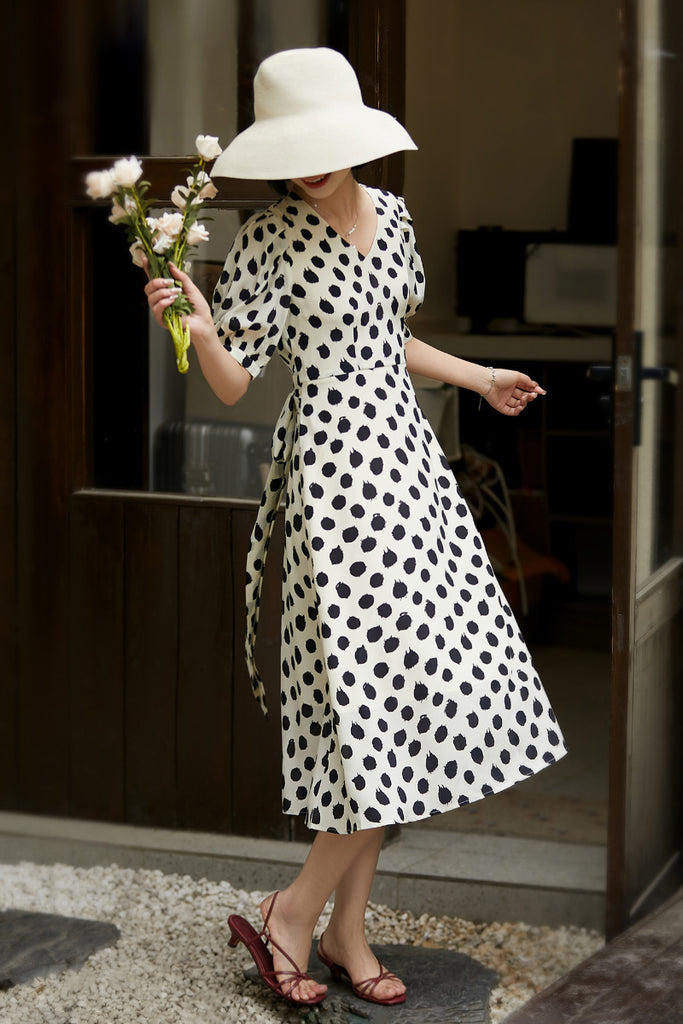 100% Silk Polka Dot Crepe A-Line Midi Dress - Fibflx