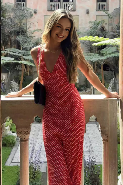 100% Silk Printed V-Neck Bias-Cut Midi Dress Cherry Red / XS