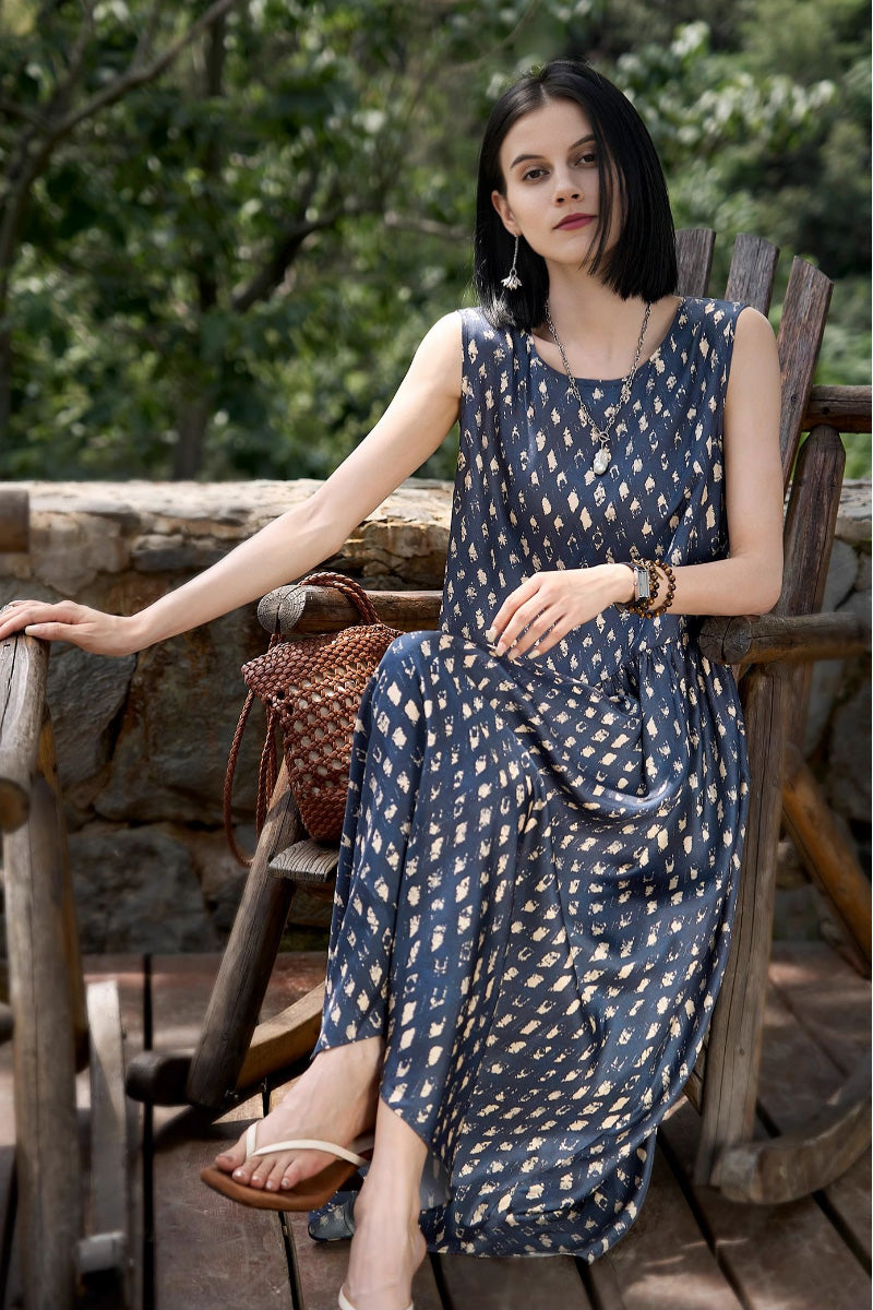 100% Silk Twill Printed Trapeze Midi Dress Navy Blue / XL
