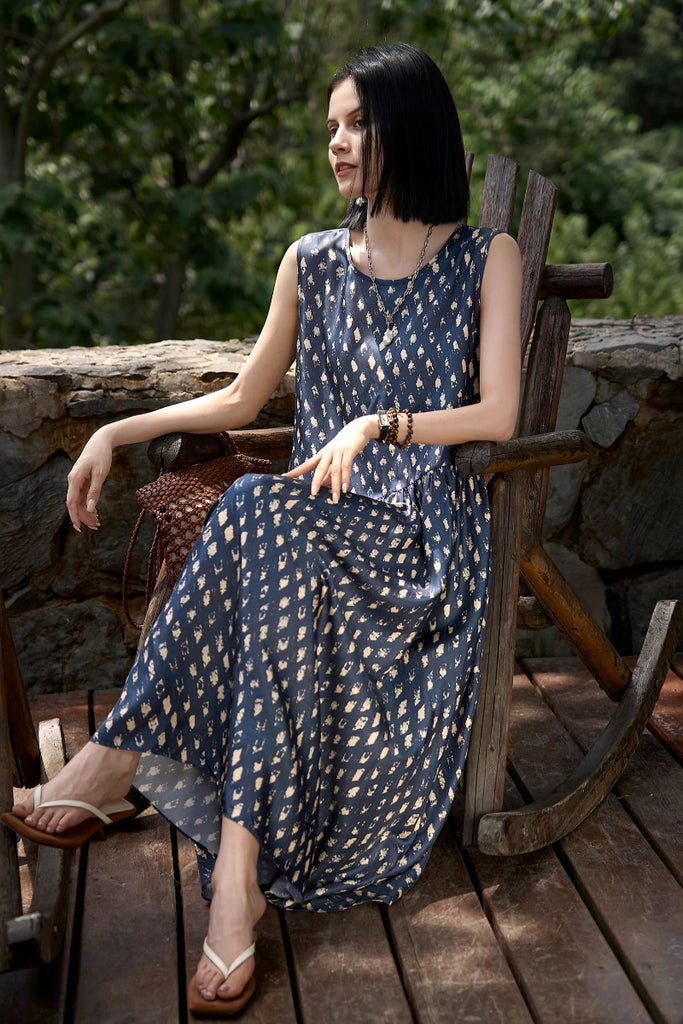 100% Silk Twill Printed Trapeze Midi Dress  Fibflx