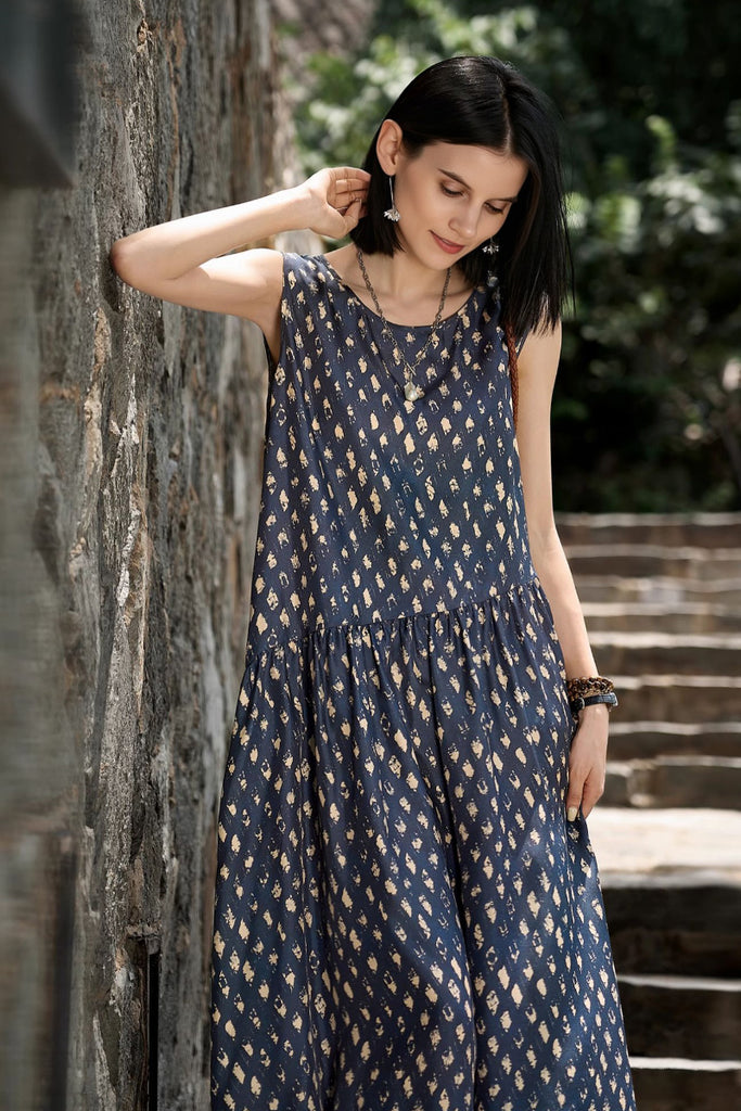 100% Silk Twill Printed Trapeze Midi Dress  Fibflx